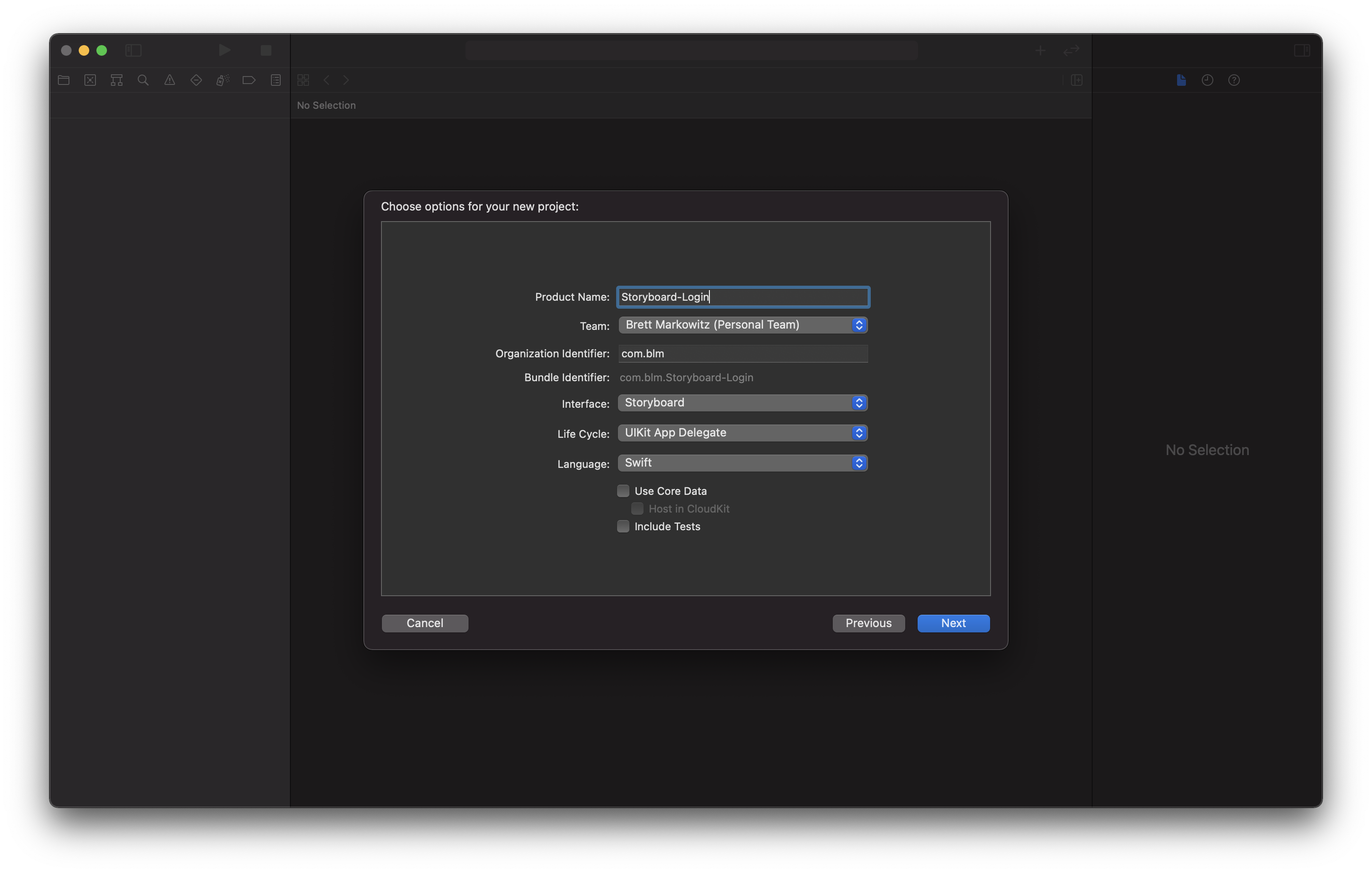 The Xcode project creation screen